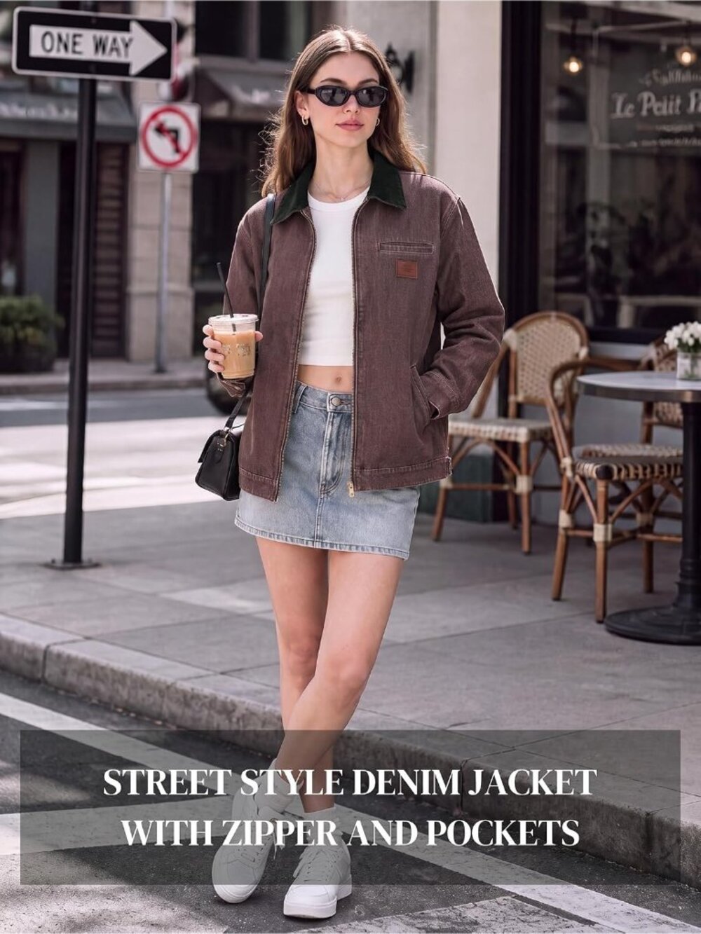Women's Brown Black Jean Cropped Zip Up Denim Jackets Contrast Collar and Pocket - Picture 5 of 7
